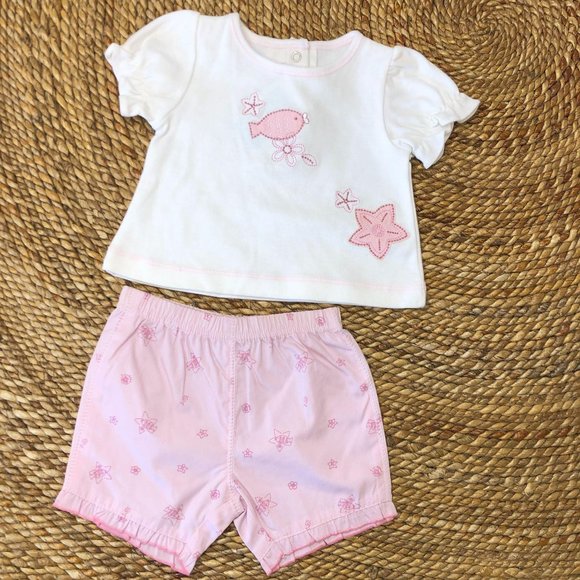 🍍NWT 6Mo Fish, Starfish & Flower Short Set - Picture 1 of 8